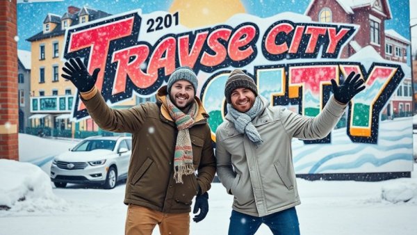 Two men pose in the snow before a Traverse City mural.