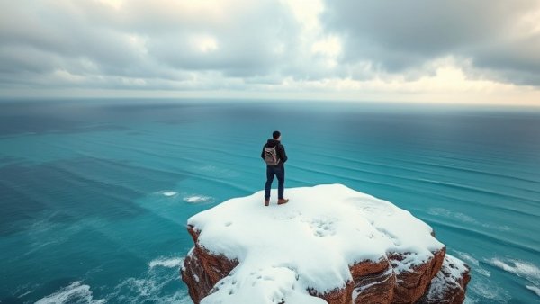 Person on snowy cliff overlooking sea, serene winter scene.
