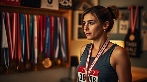 Michigan woman promoting heart health awareness by displaying running medals.
