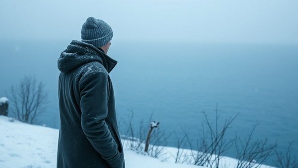 Person overlooking snowy Michigan landscape and lake.