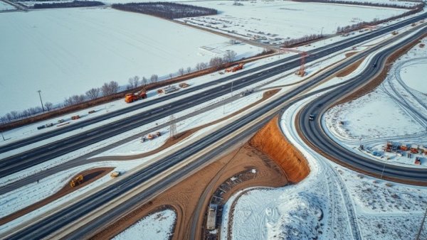 Winter aerial view of Michigan construction site with snow.