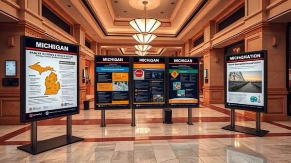 Michigan transportation construction updates display in lobby setting.