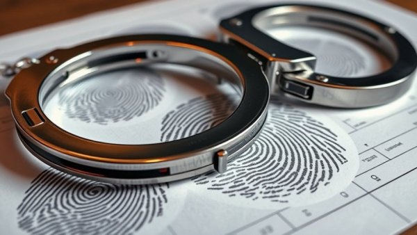 Metallic handcuffs on a fingerprint sheet depicting legal consequences of real estate fraud in Burbank.