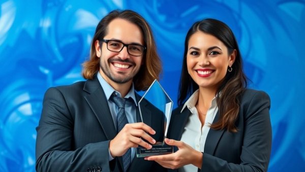Business professionals celebrating AI robotaxi fleet launch, vibrant blue background.