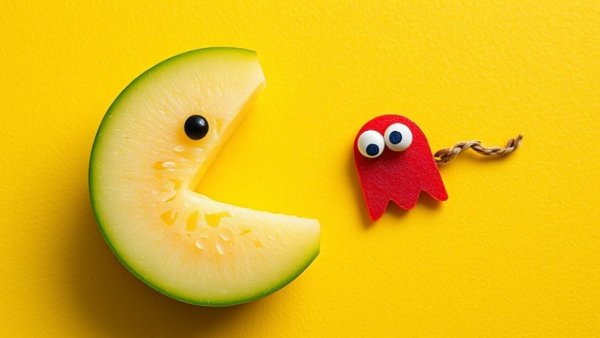 Creative fruit Pac-Man scene illustrating AI in business software