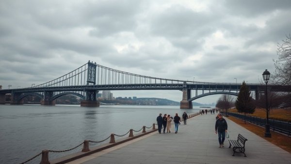 Steel bridge over river under cloudy sky, Michigan tourism