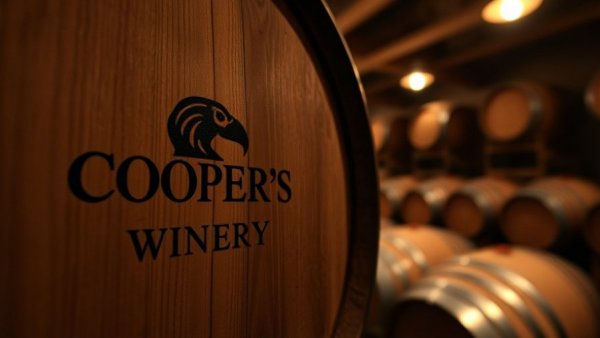 Cooper’s Hawk Winery barrels in a cozy cellar setting, warm lighting.