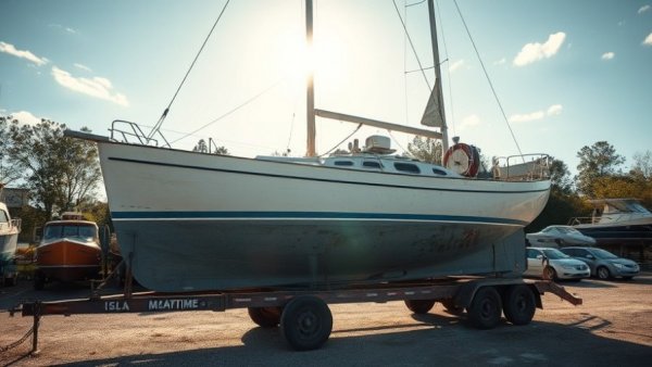Isla Maritime Port Richey headquarters with salvage trailer and sailboat.
