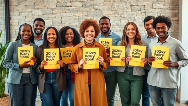 People with Michigan Farm Bureau 2026 policy books, smiling indoors.
