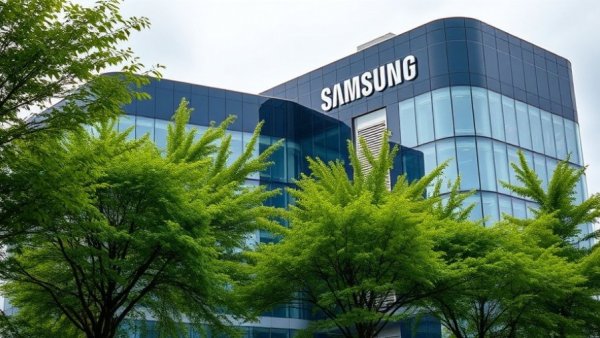 Samsung building facade amidst greenery and cloudy sky