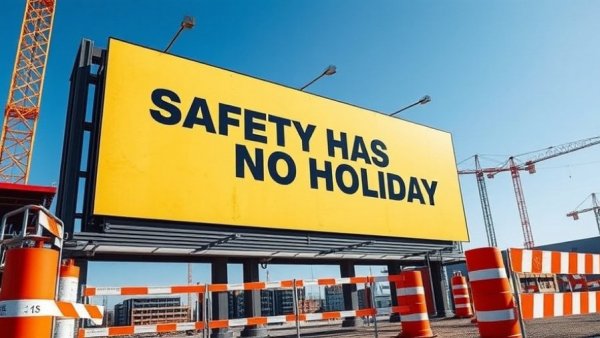 Safety reminder billboard at construction site emphasizes safety.