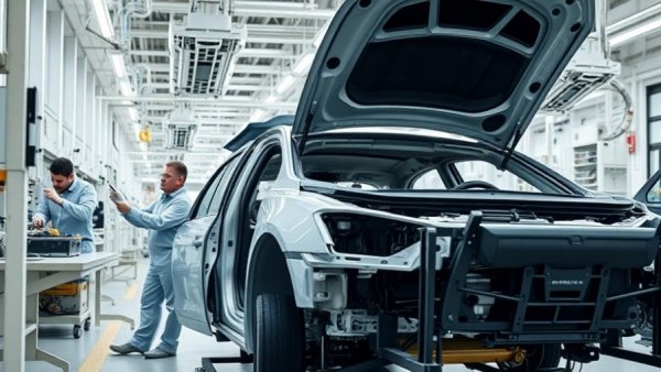 Workers assembling a car in a modern factory, Rivian stock pricing analysis connection.