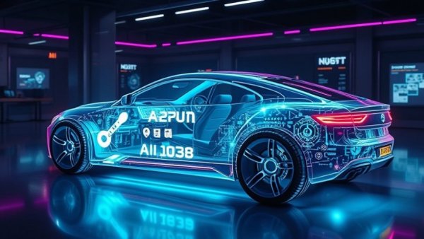 Futuristic car with AI systems illustration on dark background