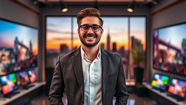 Man in suit smiling in front of city skyline studio backdrop, Noah Hanifin Olympics 2026.