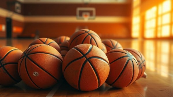 Basketballs clustered on gym floor, representing high school girls basketball playoffs.