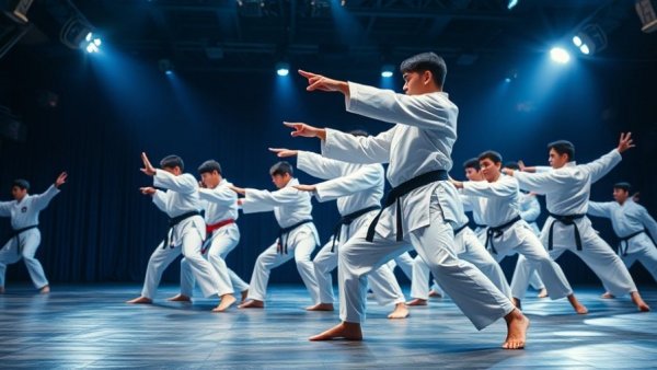 Martial arts group demonstrating taekwondo forms, dynamic stage scene.