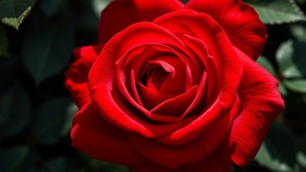 Close-up of a vibrant red rose surrounded by dark green foliage.
