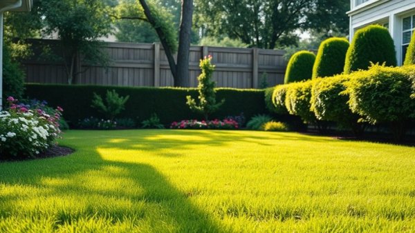 Lawn fertilization and weed control create lush green Muskegon yard.