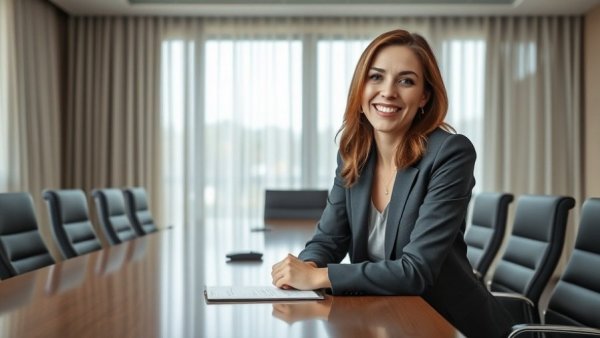 Professional woman in conference room promoting sustainable property management practices.