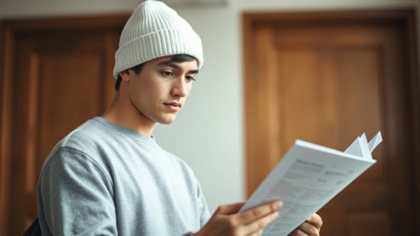 Young man in white beanie reading papers, indoors, neutral expression.