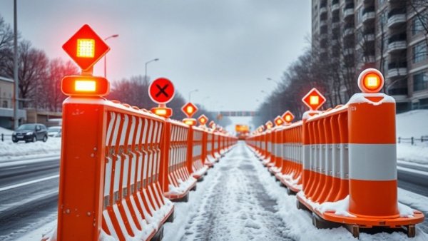 Michigan transportation construction updates with snowy road and barricades.