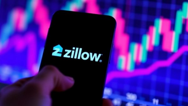 Vibrant display of Zillow logo with dynamic stock graph.
