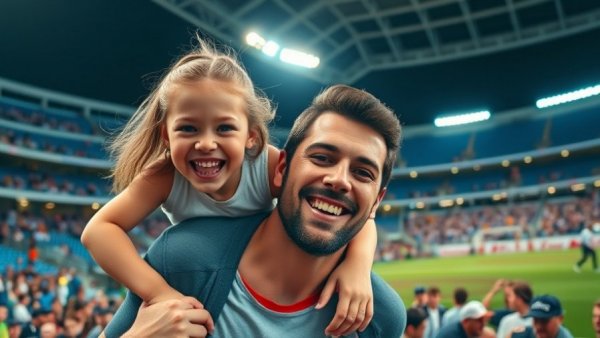 Young girl on man's shoulders at sports stadium, vibrant night scene.