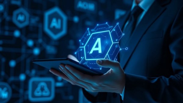 Infusing practical AI in business with a glowing AI interface on a tablet.