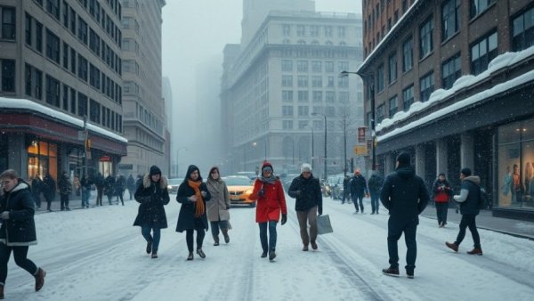 Arctic cold wave impact on travel in snowy city street scene.