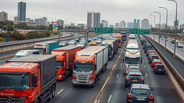 Heavy traffic on highway with trucks and cars under overcast sky, Trump cancels federal climate regulations.
