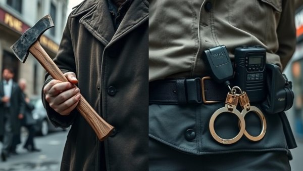 Michigan officer axe attack - split image of axe and police gear.