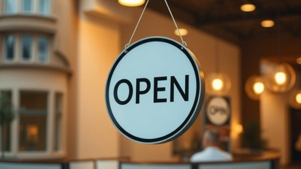 Open sign in window with building reflection, warm lighting.