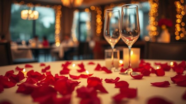 Romantic dining table with rose petals and lights. Most romantic restaurants in Michigan.