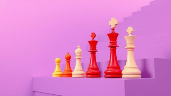 Colorful chess pieces on steps symbolizing climbing the corporate ladder.