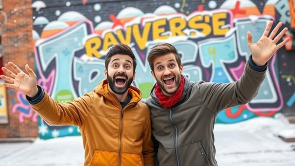 Two men posing excitedly in front of Traverse City mural. Snowy urban scene emphasizes vibrant colors.