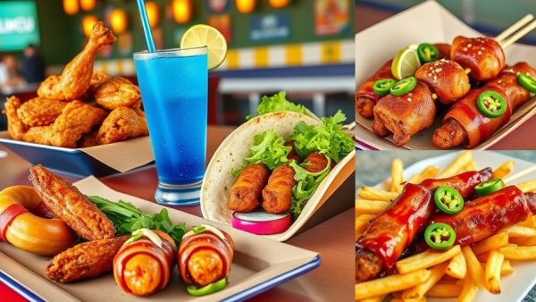LMCU Ballpark new menu collage including wings and tacos.