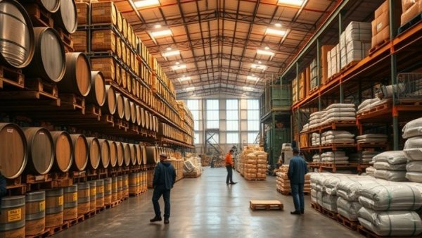Industrial warehouse with workers and barrels, highlighting INL contractor layoffs.