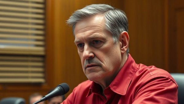 Man in red shirt speaking at a microphone, Michigan contractor scam allegations.