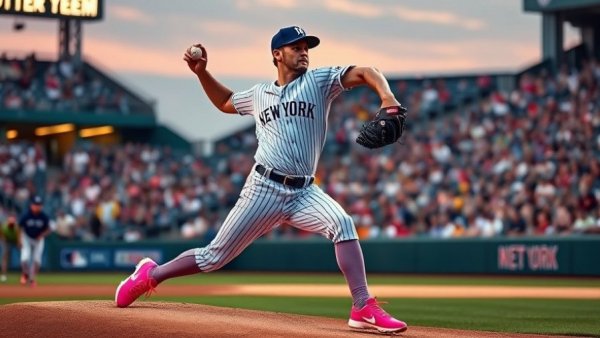 Baseball pitcher in action for Yankees projected starting rotation 2026.