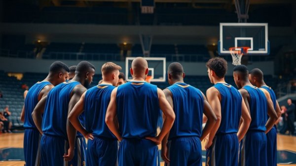 Duke Blue Devils basketball team huddle strategizes on court.