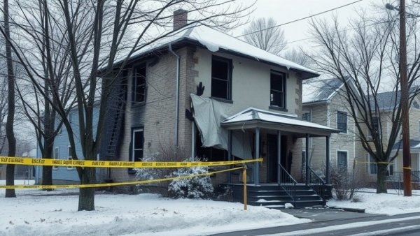Damaged house in Detroit MI highlighted in local news coverage amidst snowy winter.