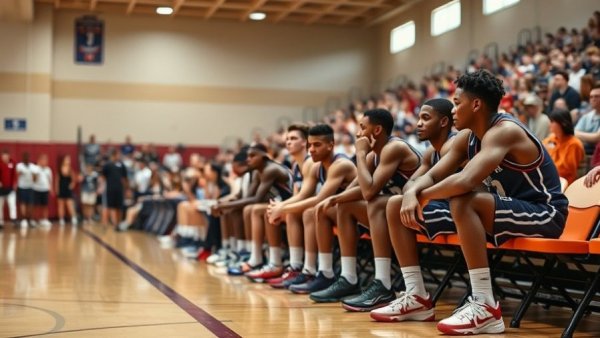 High school basketball players on bench discussing the game in Michigan.
