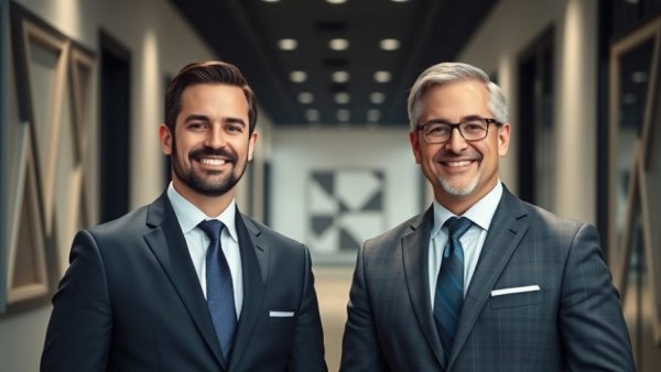 Two businessmen standing in a corporate hallway, representing rental property oversight services.