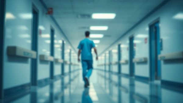 Blurred hospital corridor and staff, reflecting West Michigan health care wages inflation.