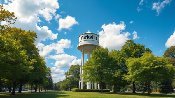 Yorkville water tower under blue sky, Lake Michigan water project updates.