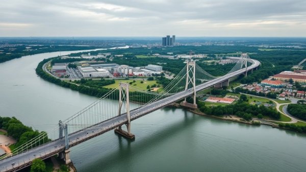 Aerial view of Gordie Howe Bridge and surroundings under cloudy sky.