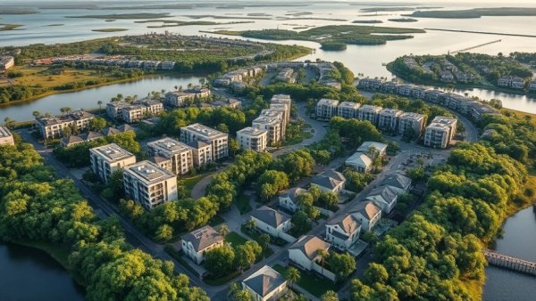 Aerial view of Daniel Island homes with lush greenery.