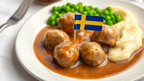 Swedish meatballs with gravy, peas, and potatoes on a plate with flag.