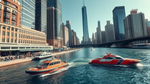 Aerial view of a Wendella tour boat rescue on the Chicago River.