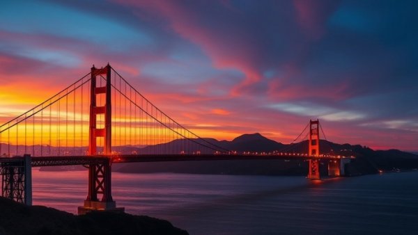 Golden Gate Bridge at sunset, representing California decline in UK tourist arrivals.